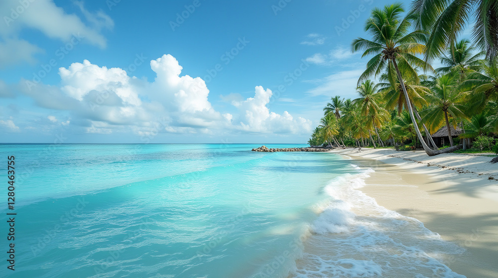 Fototapeta premium Maldives island beach. Tropical summer scenery landscape, white sand with palm trees. Luxury tourist destination.