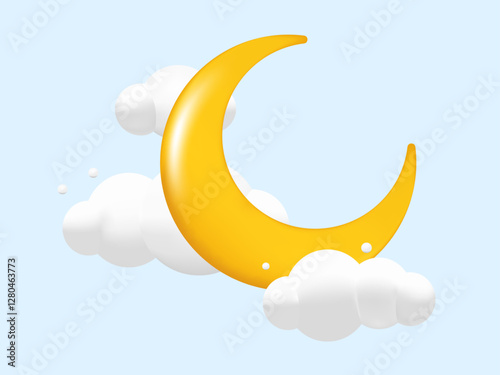 3D Crescent Moon and White Clouds Isolated on Blue Background - Dreamy Lullaby Design for Banner, Background, Booklet, Leaflet and Poster