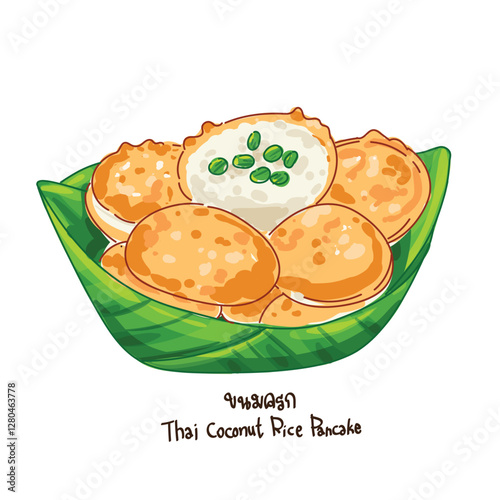 Thai Coconut Rice Pancake (Khanom Krok) Traditional Thai Street Dessert Illustration