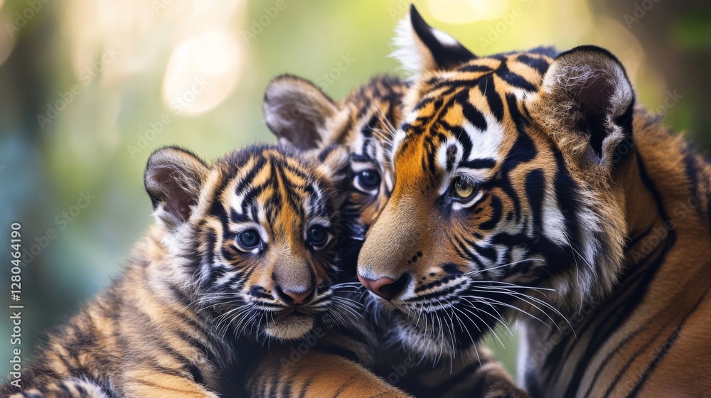 Obraz premium Closeup of a Tiger and Her Cubs in Lush Green Natural Habitat