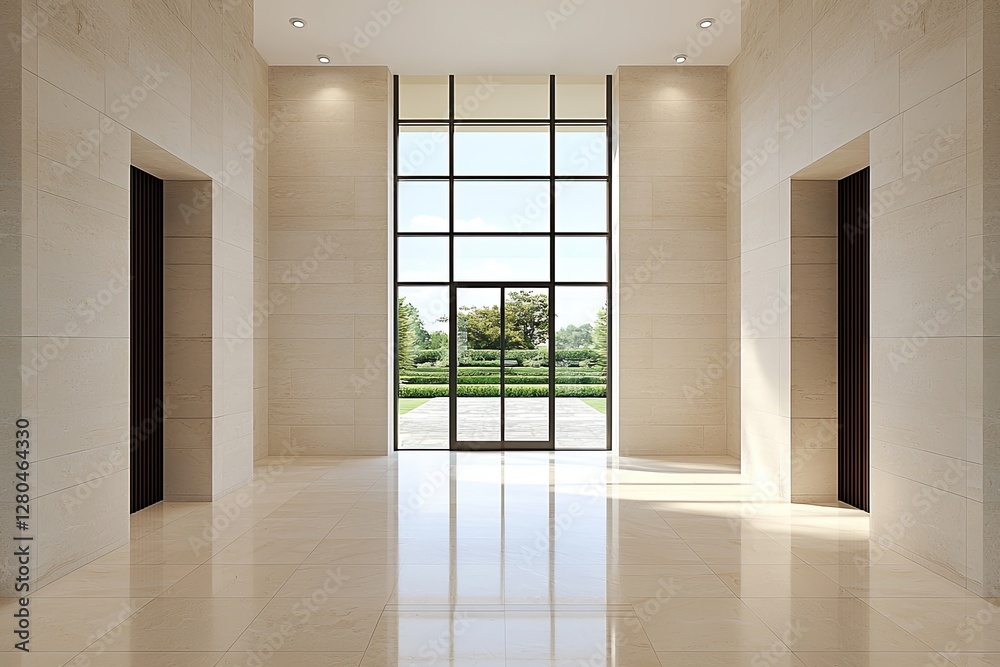 Fototapeta premium A modern, spacious lobby featuring large windows, sleek walls, and two elevator doors, offering a bright and inviting atmosphere.