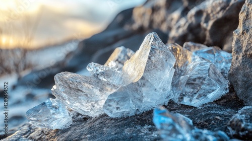 Crystalline ice formations glistening under the winter sun on rocky terrain