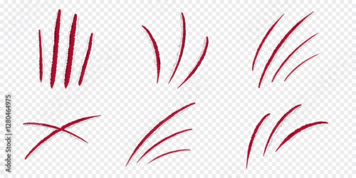 Cat claws red scratches, torn paper edge isolated on transparent background realistic. Damaged surface textured holes. 