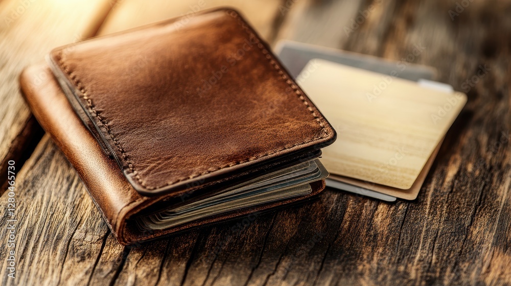 Obraz premium Stylish Brown Leather Wallet with Credit Cards on Wooden Surface