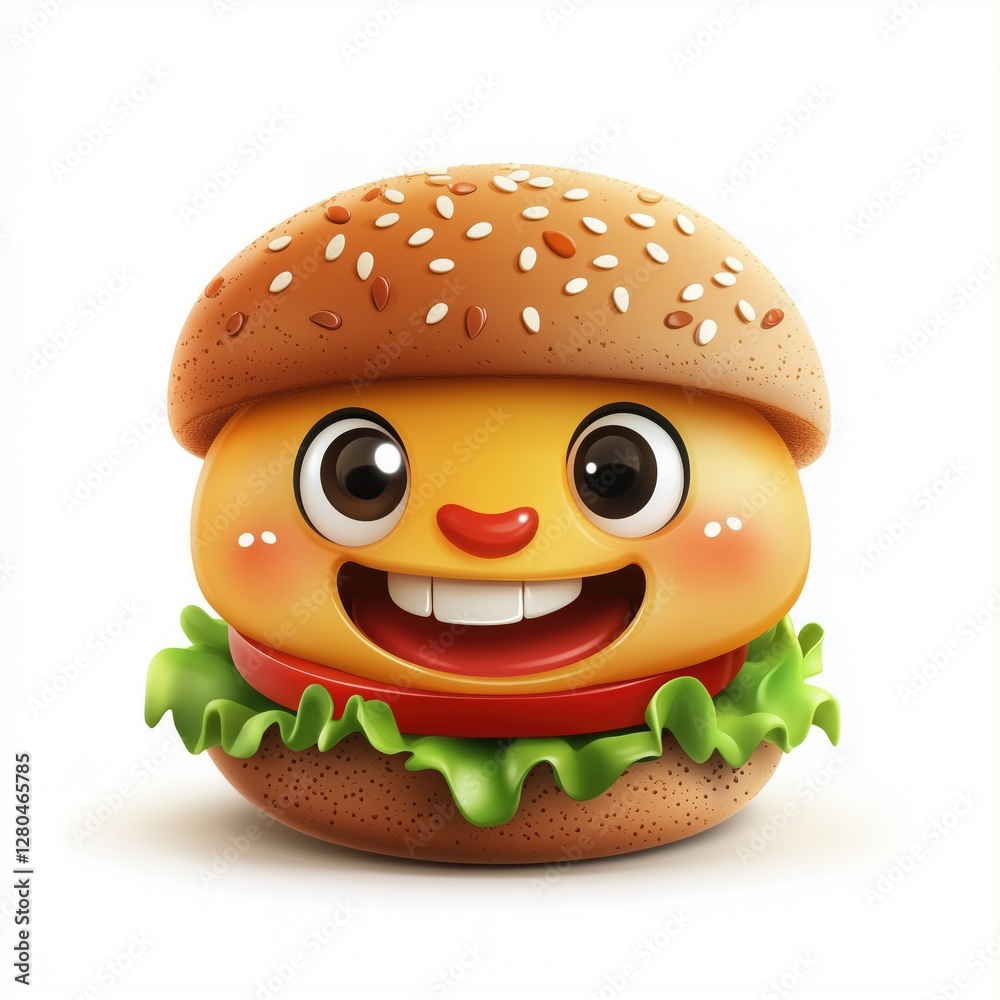 Smiling cartoon burger with sesame bun, lettuce, and tomato Smiling cartoon burger with sesame bun, lettuce, and tomato