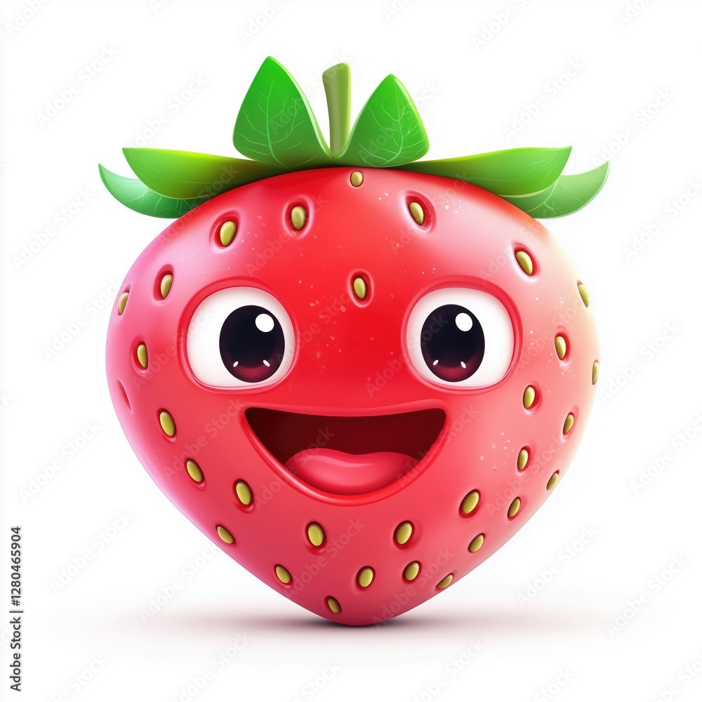 Obraz premium Cartoon strawberry character with expressive face and green leaves