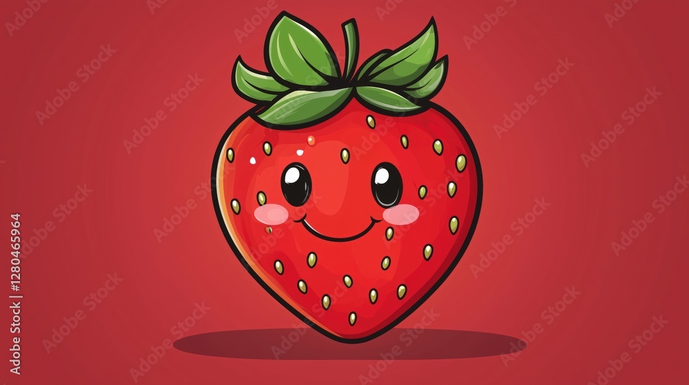 Obraz premium Smiling cartoon strawberry with green leaves on red background
