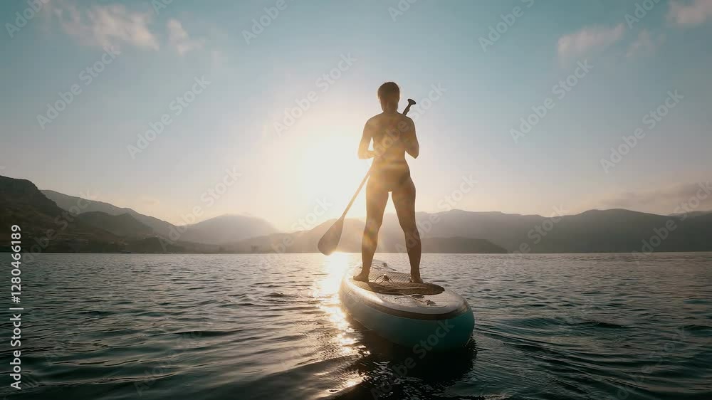 Woman silhouette on Water, Sup board, paddle boarding in slow motion