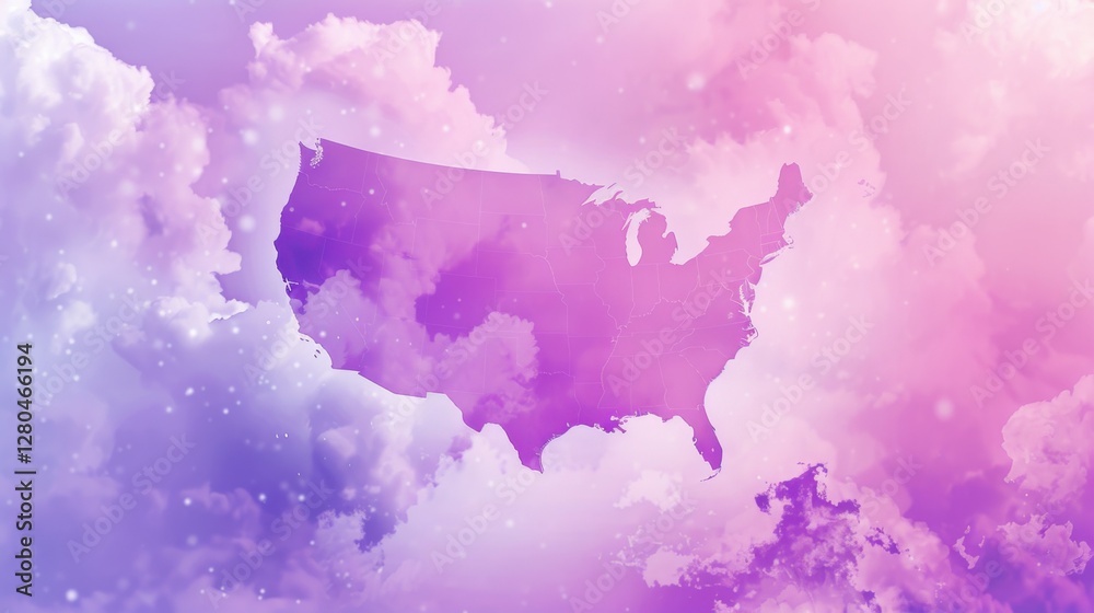 Obraz premium Dreamy USA map illustration in soft pink and lavender
