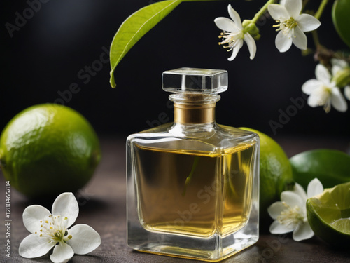 Close-Up of Lime Tree Branch with Flowers and Perfume Bottle – Branding Mockup