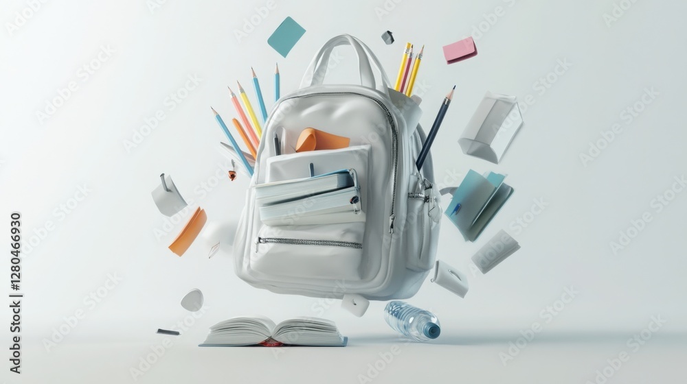 3D-rendered floating backpack with school essentials like pencils, books, and a water bottle spilling out, isolated on a white background 3D-rendered floating backpack with school essentials like pencils, books, and a water bottle spilling out, isolated on a white background
