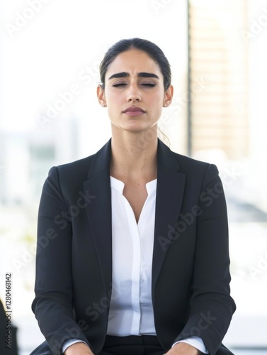 A female entrepreneur, dressed in a sleek professional suit, stands confidently amidst the soft, warm morning light, embodying the essence of entrepreneurial success and determination