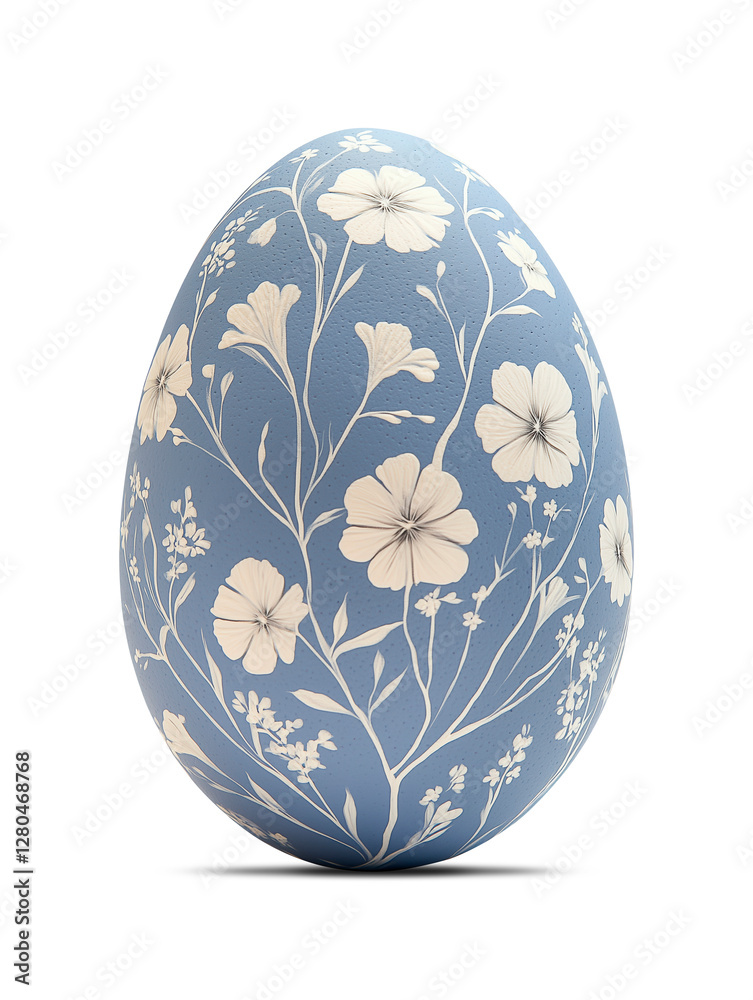 Fototapeta premium Vibrant blue Easter egg adorned with white floral patterns, colorful Easter bunny egg with shadow png image, Easter egg hunt