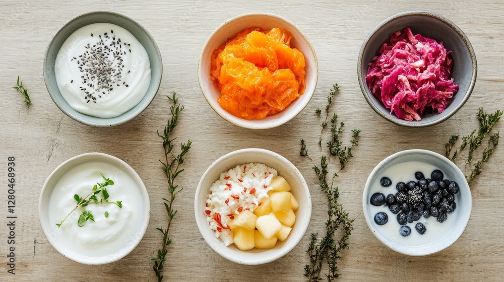Variety of Probiotic Foods in Small Bowls on Wooden Table Variety of Probiotic Foods in Small Bowls on Wooden Table