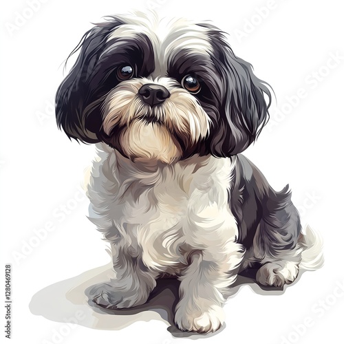 Adorable Shih Tzu: A captivating portrait of a fluffy friend, sitting and gazing intently. photo