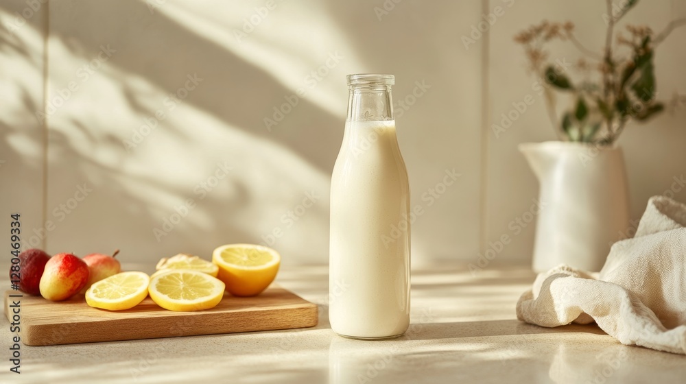 Fresh Kefir Bottle in a Bright Kitchen Setting with Fruits Fresh Kefir Bottle in a Bright Kitchen Setting with Fruits