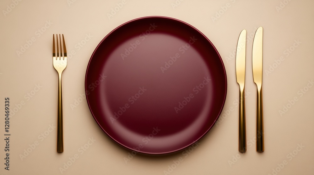 Elegant burgundy plate accompanied by golden cutlery arranged on a neutral table setting Elegant burgundy plate accompanied by golden cutlery arranged on a neutral table setting