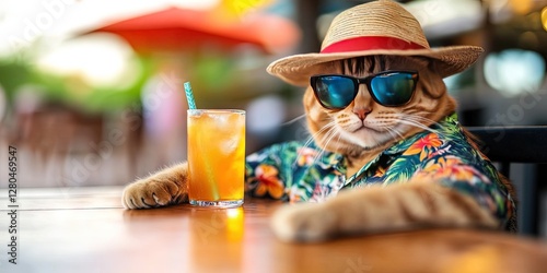 cat wearing hat and sunglasses, hawaiian shirt, tropical cocktail, summer vacation, beach,