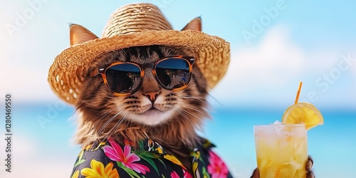 cat wearing hat and sunglasses, hawaiian shirt, tropical cocktail, summer vacation, beach,