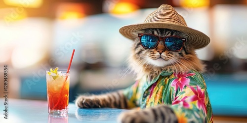 cat wearing hat and sunglasses, hawaiian shirt, tropical cocktail, summer vacation, beach,