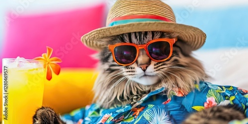 cat wearing hat and sunglasses, hawaiian shirt, tropical cocktail, summer vacation, beach,