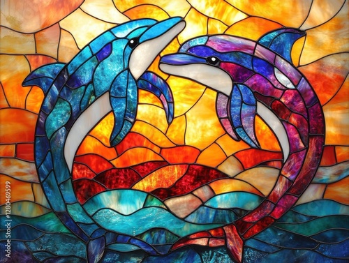 Colorful stained glass artwork showcasing two dolphins dancing in vibrant waves at sunset