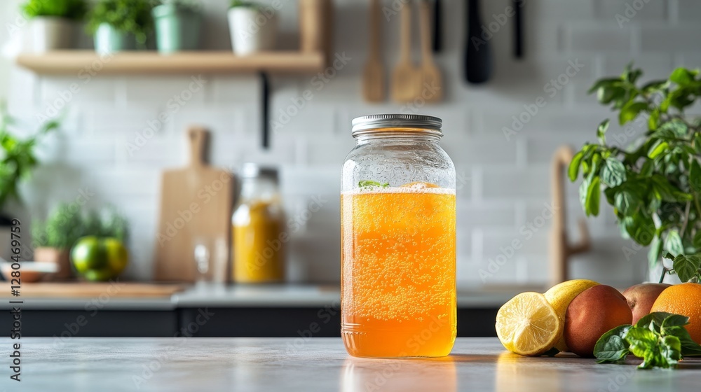 Vibrant Minimalist Jar of Kombucha with Fresh Ingredients and Light Vibrant Minimalist Jar of Kombucha with Fresh Ingredients and Light