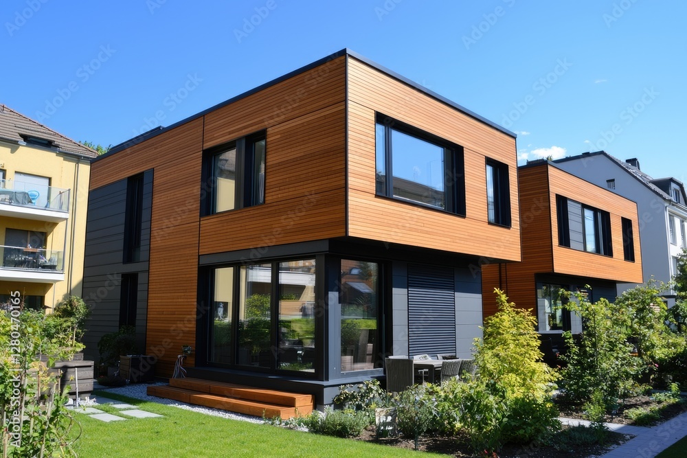 Fototapeta premium A modern wooden house with large windows, surrounded by greenery and a well-maintained lawn, showcasing contemporary architecture and design.