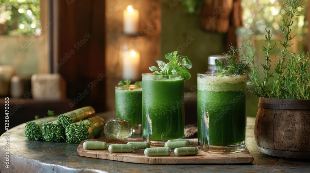 A serene spa setting with soothing green smoothies, A serene spa setting with soothing green smoothies,