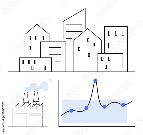 Skyline featuring city buildings factory with emissions and a fluctuating line graph. Ideal for urbanization, industry, economy, data analysis, growth trends, sustainability, and efficiency. Line