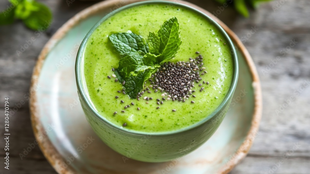 Vibrant Green Smoothie Garnished with Mint and Chia Seeds Vibrant Green Smoothie Garnished with Mint and Chia Seeds