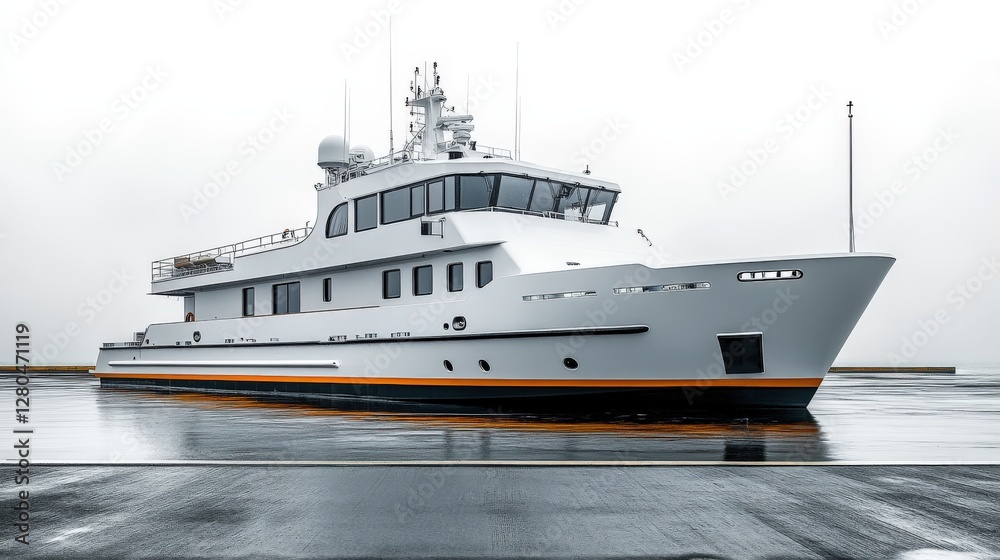 Naklejka premium Modern transport boat docked and isolated in a tranquil harbor setting