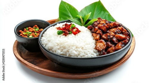 High-resolution image of Thai sticky rice with grilled pork (Khao Niew Moo Ping) against a white backdrop, perfect for e-commerce, catalogs, and promotional content