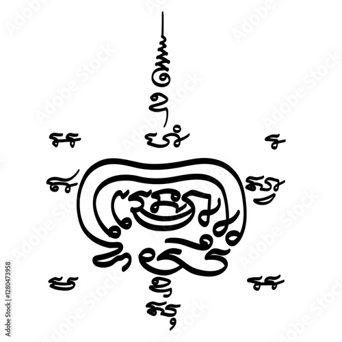 Crown Yantra (Yant Mongkut). A traditional Thai sacred geometric design talisman in the shape of a crown. Thai texts translation: protection and power to the wearer.