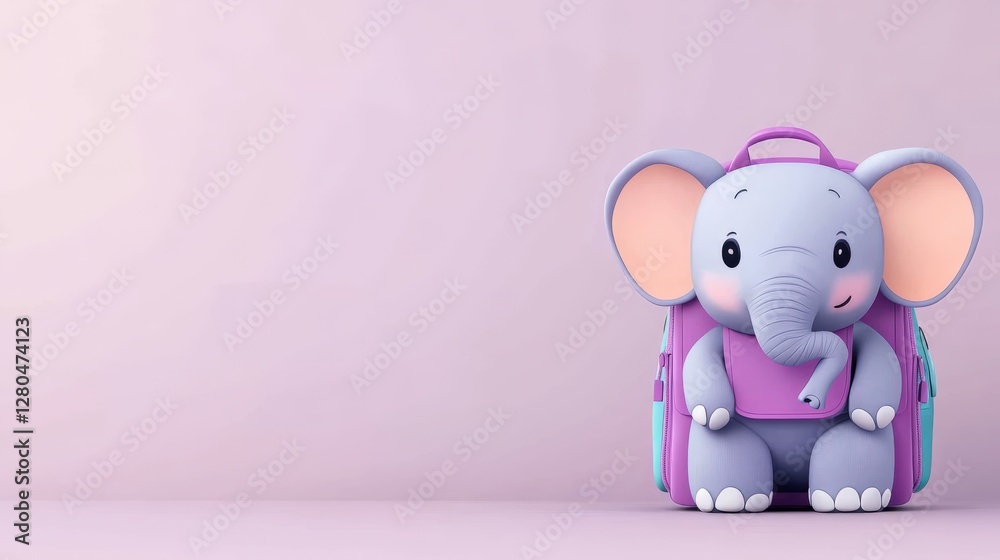 Cute purple elephant backpack on a lavender background ready for school adventures Cute purple elephant backpack on a lavender background ready for school adventures