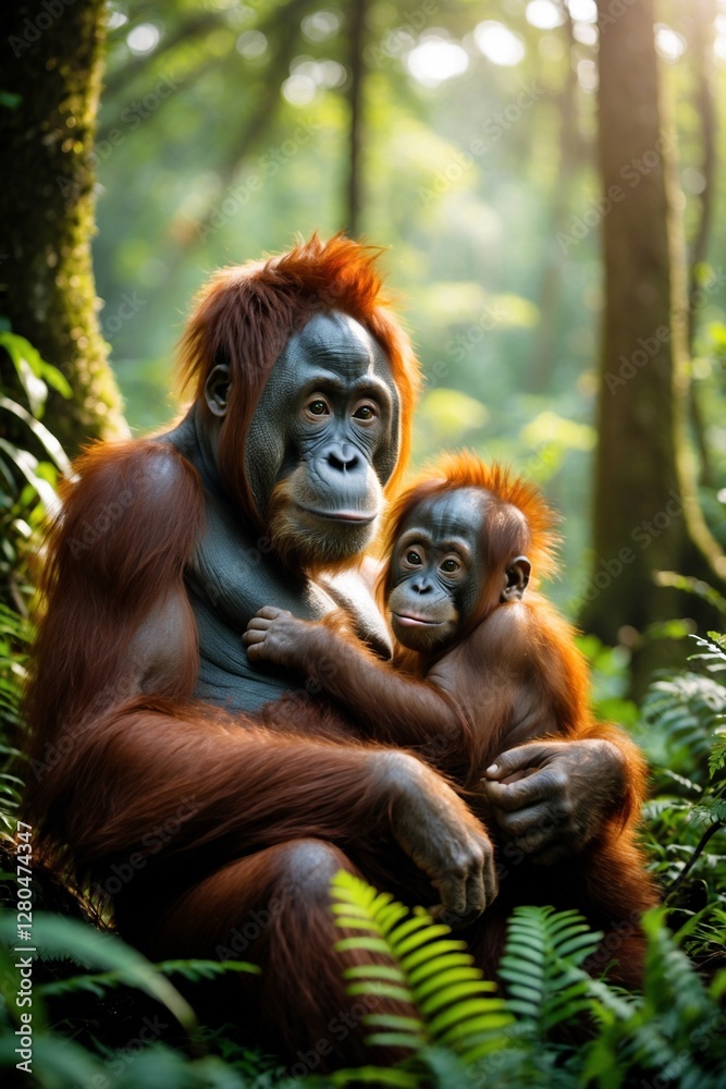 Fototapeta premium The orangutan is a large, intelligent ape native to the rainforests of Southeast Asia, particularly found in Borneo and Sumatra. Known for their reddish-brown fur and long, strong arms, orangutans 