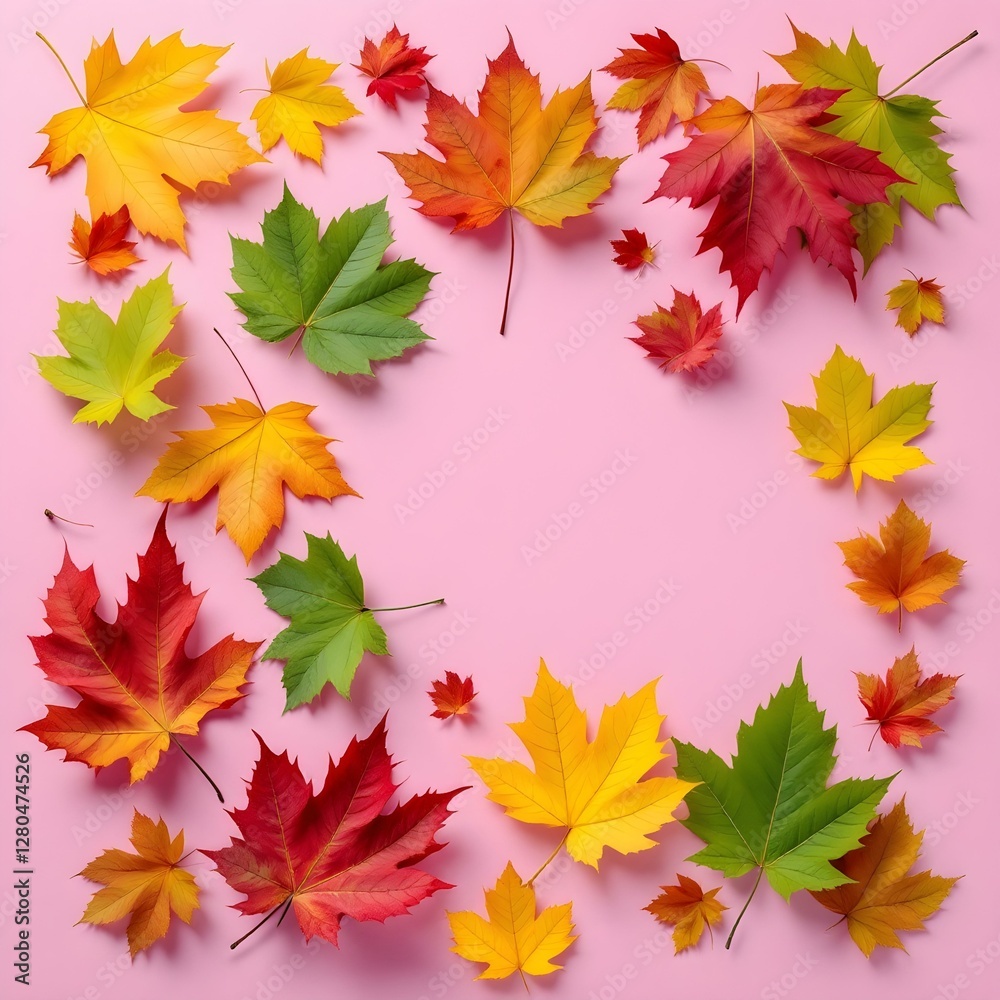 Fototapeta premium Autumn leaves, vibrant colors, maple leaves, yellow, red, green, orange foliage, pink background
