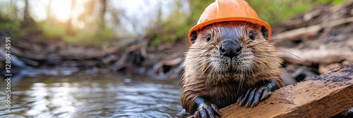 beaver wearing construction hat, building hoover dam in river