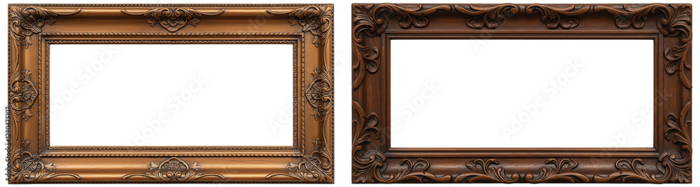 Two picture frame with intricate floral and scrollwork designs at the corners and along the edges, isolated on transparent background, PNG file, perfect for graphic design. Two picture frame with intricate floral and scrollwork designs at the corners and along the edges, isolated on transparent background, PNG file, perfect for graphic design.