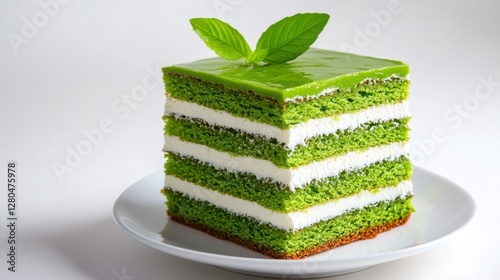 Studio shot of Thai pandan layer cake (kanom piak poon), isolated with soft lighting, creating a professional and versatile look--a soft and fragrant delicacy with an isolate white background photo