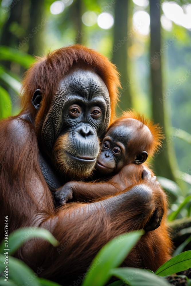 Fototapeta premium The orangutan is a large, intelligent ape native to the rainforests of Southeast Asia, particularly found in Borneo and Sumatra. Known for their reddish-brown fur and long, strong arms, orangutans 