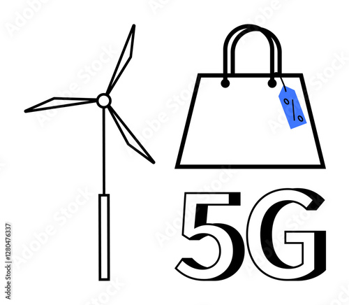 Wind turbine generating renewable energy, shopping bag with discount tag promoting sales, and 5G text symbolizing advanced connectivity. Ideal for technology, sustainability, retail, ecommerce