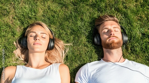Caucasian young male and female relaxing on grass with headphones
