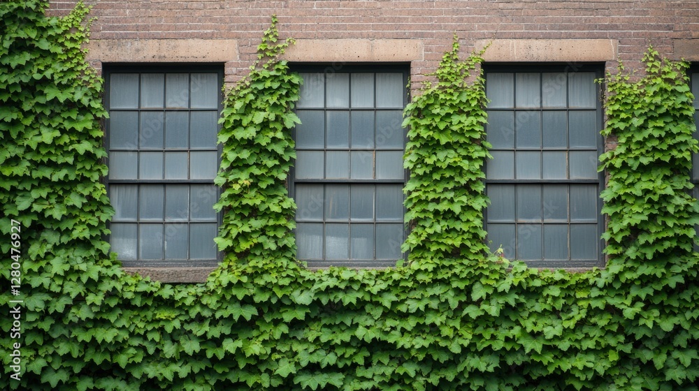Lush green ivy growing on brick building with three large windows
