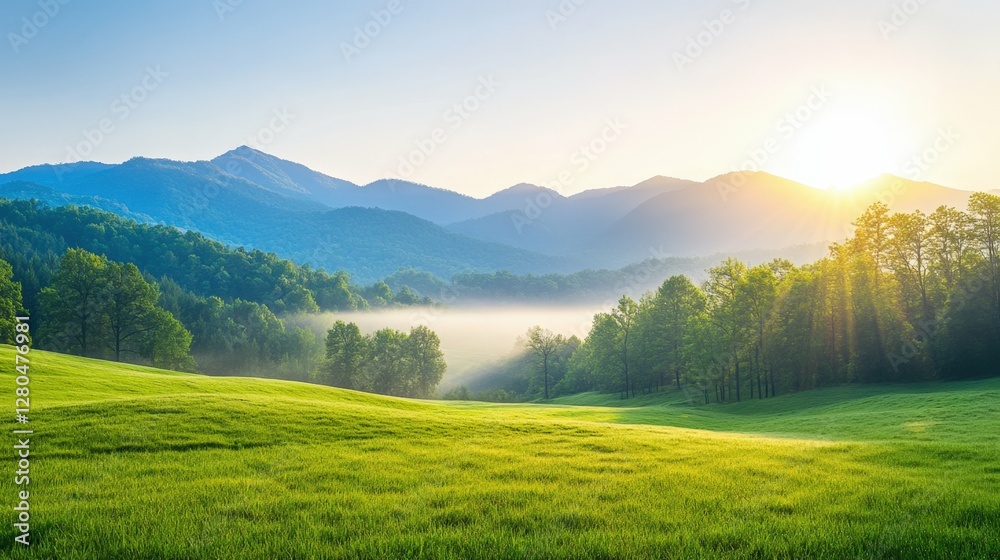 Serene mountain landscape with lush greenery and sunrise Serene mountain landscape with lush greenery and sunrise