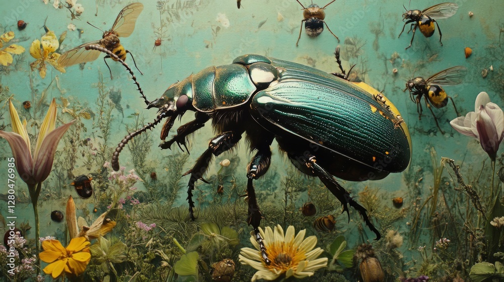 Fototapeta premium Green Beetle Among Flowers and Insects Detailed Macro Shot