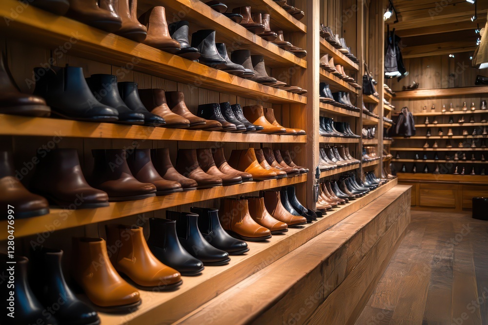 A well-lit shoe store with rows of elegant women's leather boots neatly arranged on shelves. A well-lit shoe store with rows of elegant women's leather boots neatly arranged on shelves.