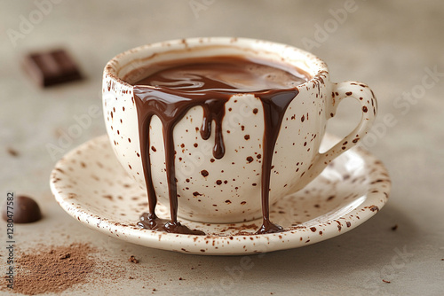 A cup of hot chocolate with chocolate drips sits on a saucer on the table. Generated by artificial intelligence photo