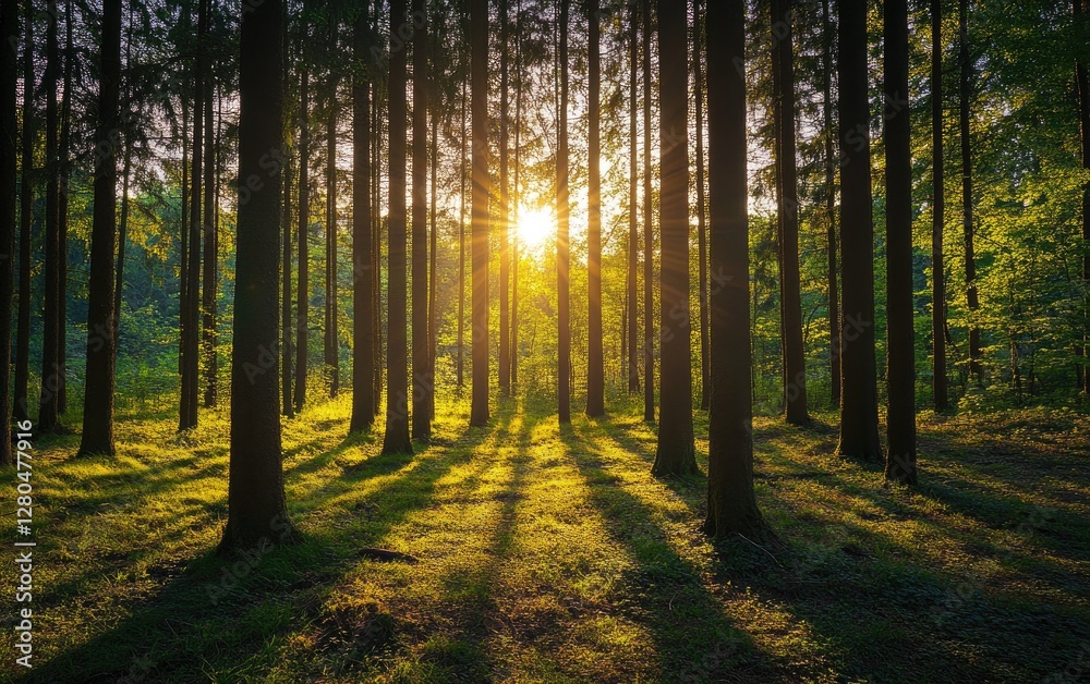 Sunlight Piercing Forest Canopy at Sunset Sunlight Piercing Forest Canopy at Sunset
