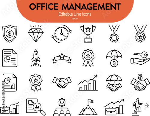 Editable Modern Thin Line Style Icons Set Of Office Success And Growth: Work Supplies, Gadgets, Folders, Documents, And Graphics. Pictograms And Infographics For Mobile Apps Vector Illustration